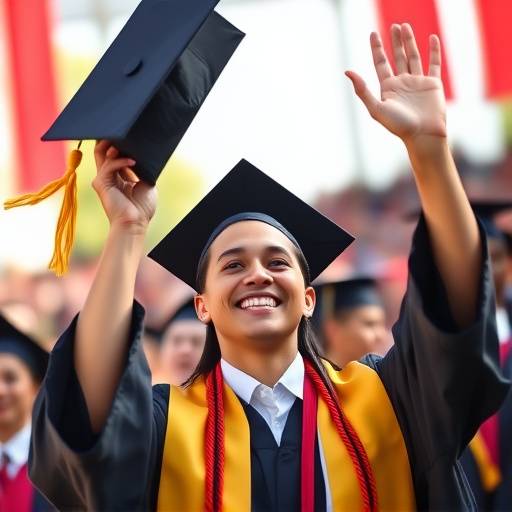 <BR>Formanda sorrindo e jogando o capelo para o alto durante a cerimônia de formatura.<BR>