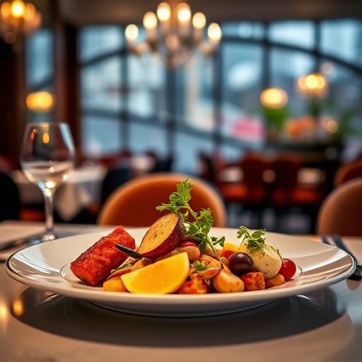 <BR>Fotografia de um prato de comida gourmet em um restaurante elegante, com foco nos detalhes e cores vibrantes.<BR>