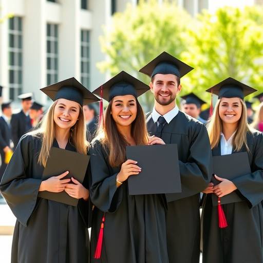 <BR>Grupo de formandos posando juntos com seus diplomas em um ambiente universitário.<BR>