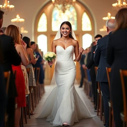 <BR>Noiva caminhando pelo corredor, com um vestido deslumbrante e um sorriso radiante.<BR>