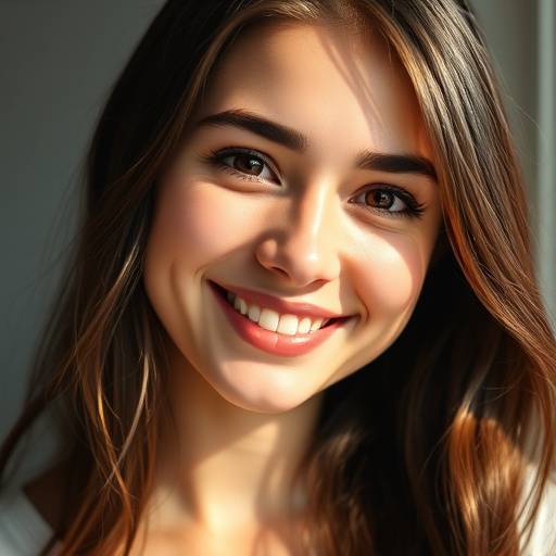 <BR>Retrato de uma jovem sorrindo espontaneamente, com luz natural realäando seus traäos suaves.<BR>
