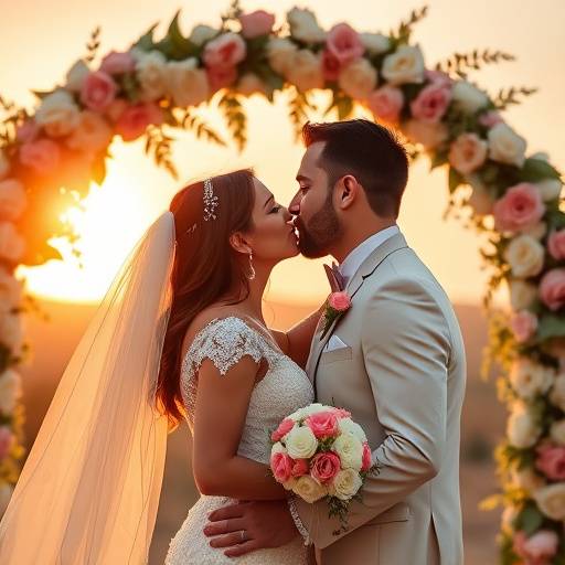 <BR>Um casal se beijando durante a cerimônia de casamento com um arco de flores ao fundo.<BR>
