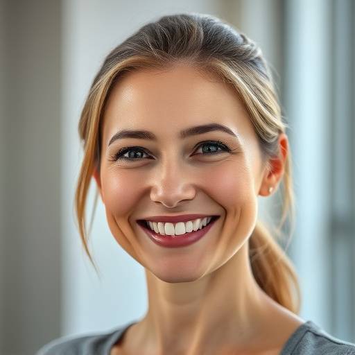 <BR>Uma mulher sorrindo em um retrato profissional com iluminaäão suave e fundo desfocado.<BR>